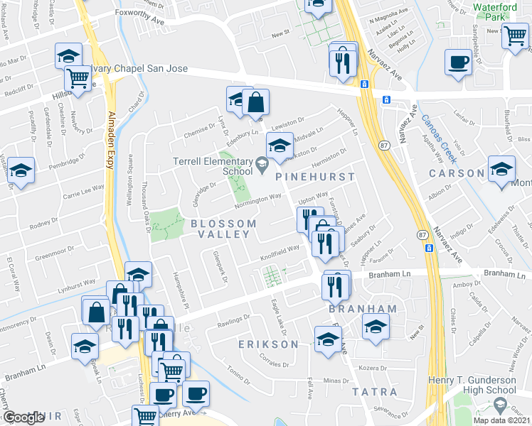 map of restaurants, bars, coffee shops, grocery stores, and more near 4059 Anfield Court in San Jose