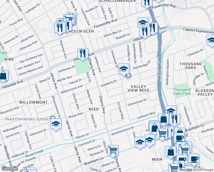 map of restaurants, bars, coffee shops, grocery stores, and more near 1401 Kimberly Drive in San Jose