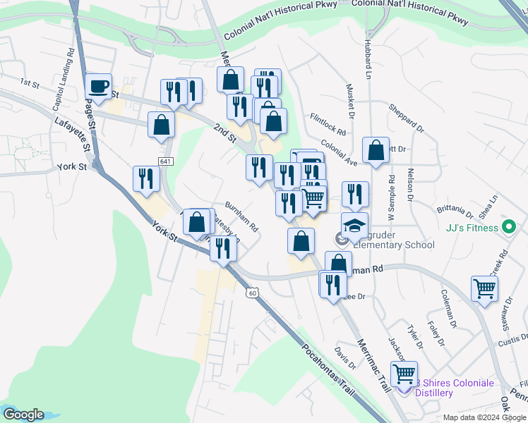map of restaurants, bars, coffee shops, grocery stores, and more near 600 Merrimac Trail in Williamsburg