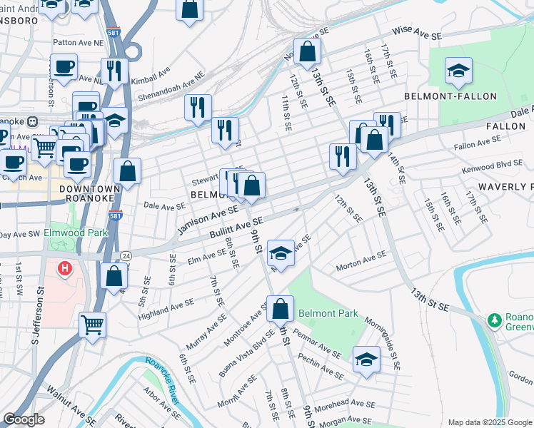 map of restaurants, bars, coffee shops, grocery stores, and more near 916 Bullitt Avenue Southeast in Roanoke