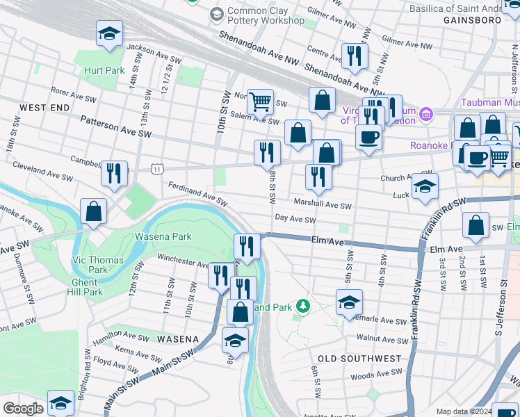 map of restaurants, bars, coffee shops, grocery stores, and more near 810 Marshall Avenue Southwest in Roanoke