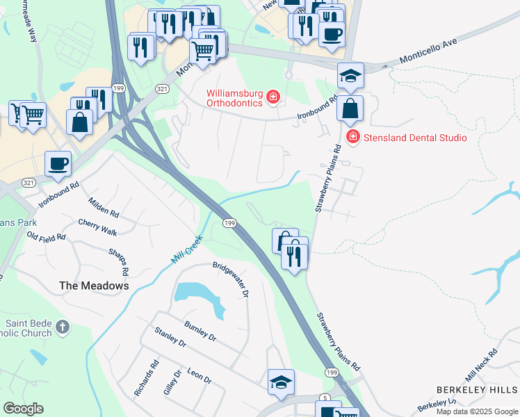 map of restaurants, bars, coffee shops, grocery stores, and more near 4027 Midlands Road in Williamsburg