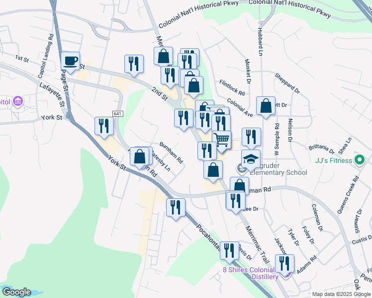 map of restaurants, bars, coffee shops, grocery stores, and more near 600 Merrimac Trail in Williamsburg
