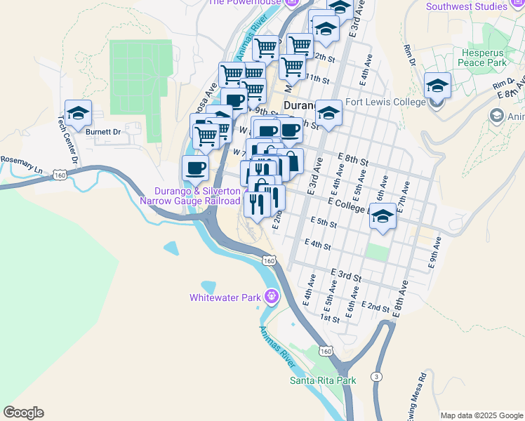 map of restaurants, bars, coffee shops, grocery stores, and more near 147 East 5th Street in Durango