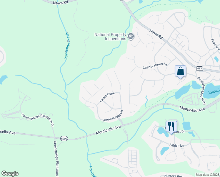 map of restaurants, bars, coffee shops, grocery stores, and more near 4005 Galverneck in Williamsburg