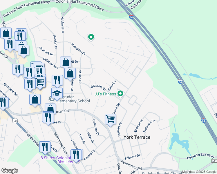 map of restaurants, bars, coffee shops, grocery stores, and more near 105 Shea Lane in Williamsburg