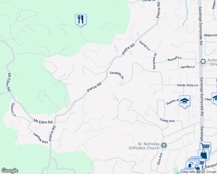 map of restaurants, bars, coffee shops, grocery stores, and more near 21412 Sarahills Court in Saratoga