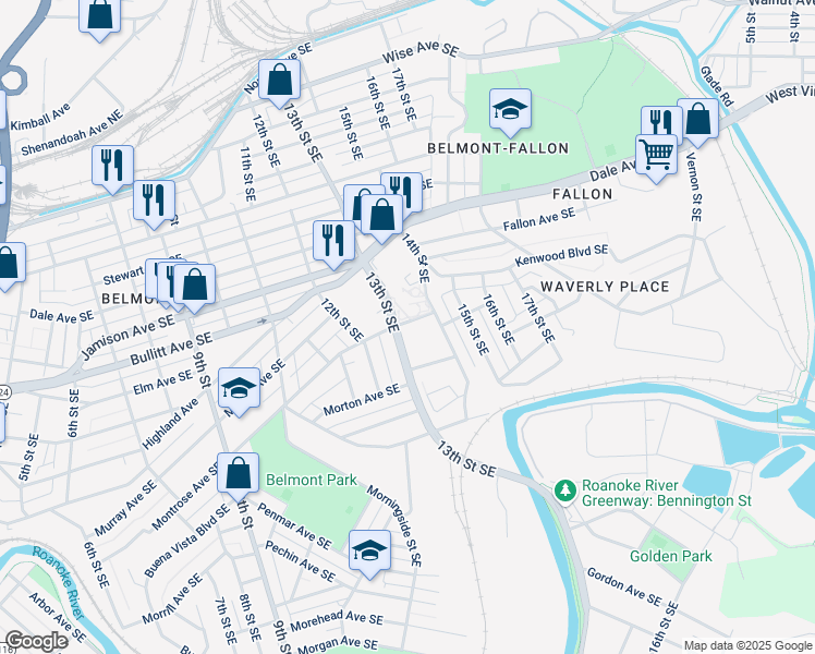 map of restaurants, bars, coffee shops, grocery stores, and more near 1313 Montrose Avenue Southeast in Roanoke