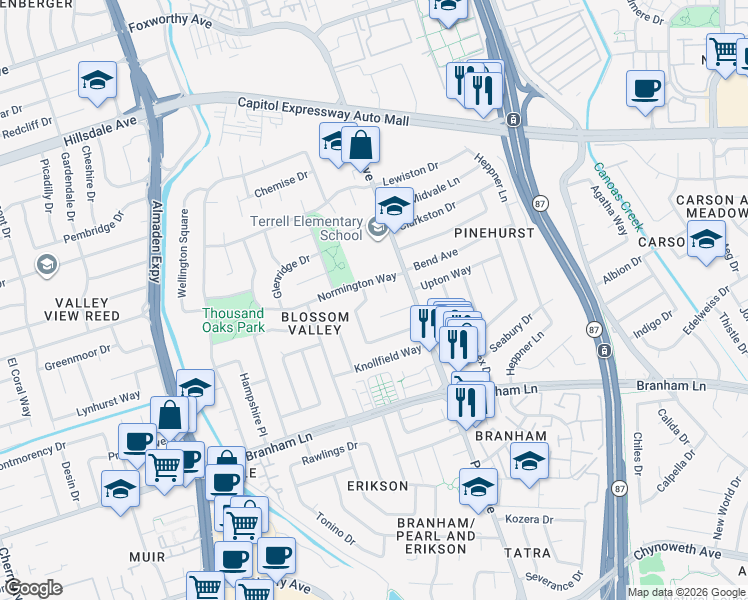 map of restaurants, bars, coffee shops, grocery stores, and more near 4059 Anfield Court in San Jose