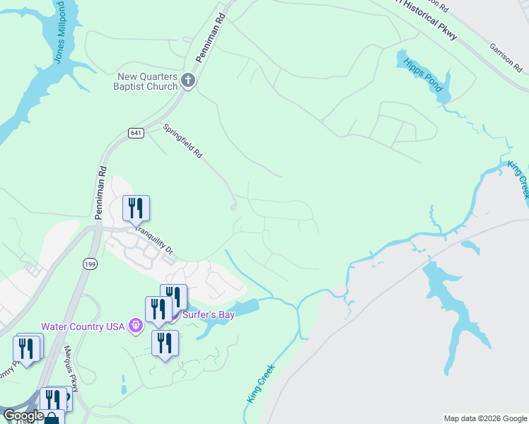 map of restaurants, bars, coffee shops, grocery stores, and more near 1174 Springfield Road in Williamsburg