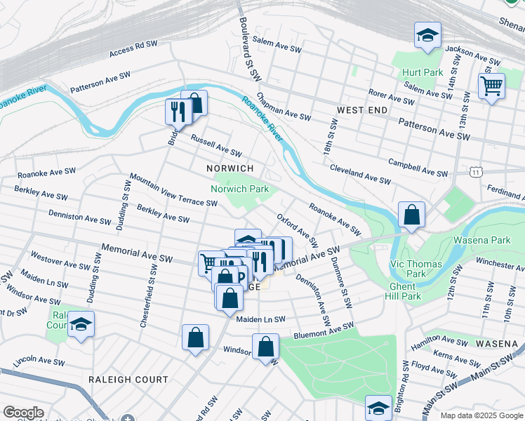 map of restaurants, bars, coffee shops, grocery stores, and more near 1926 Oxford Avenue Southwest in Roanoke