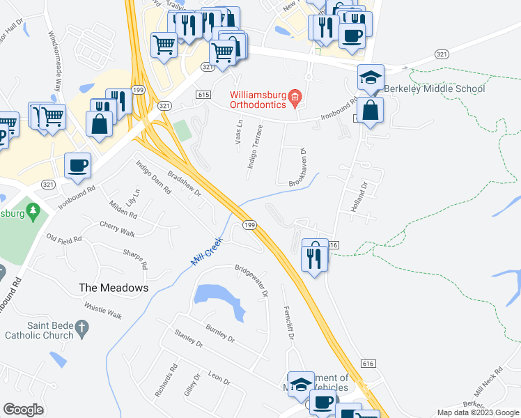 map of restaurants, bars, coffee shops, grocery stores, and more near 4090 Midlands Road in Williamsburg