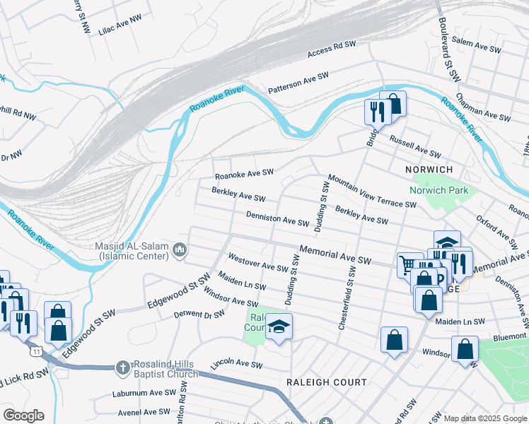 map of restaurants, bars, coffee shops, grocery stores, and more near 2413 Denniston Avenue Southwest in Roanoke