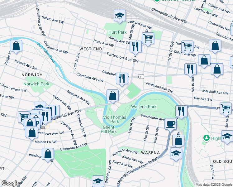 map of restaurants, bars, coffee shops, grocery stores, and more near 813 13th Street Southwest in Roanoke