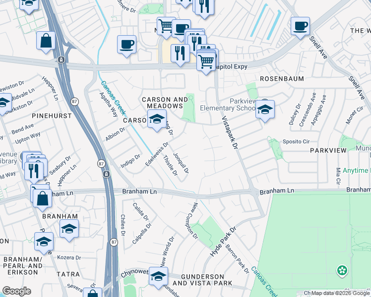 map of restaurants, bars, coffee shops, grocery stores, and more near 462 Meadow Dale Court in San Jose