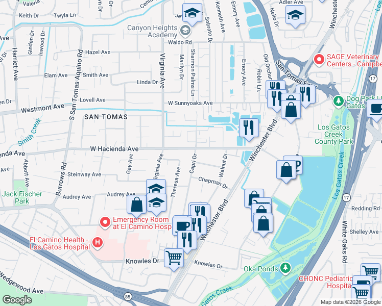 map of restaurants, bars, coffee shops, grocery stores, and more near 700 West Hacienda Avenue in Campbell