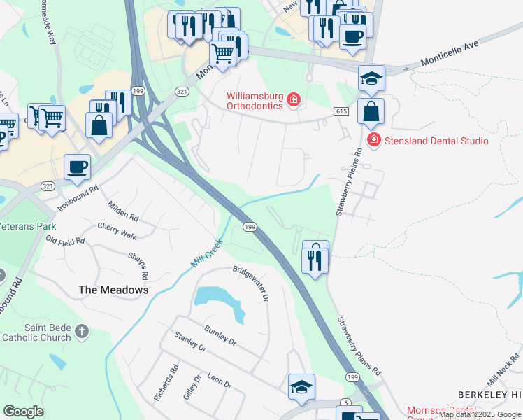 map of restaurants, bars, coffee shops, grocery stores, and more near 4088 Midlands Road in Williamsburg