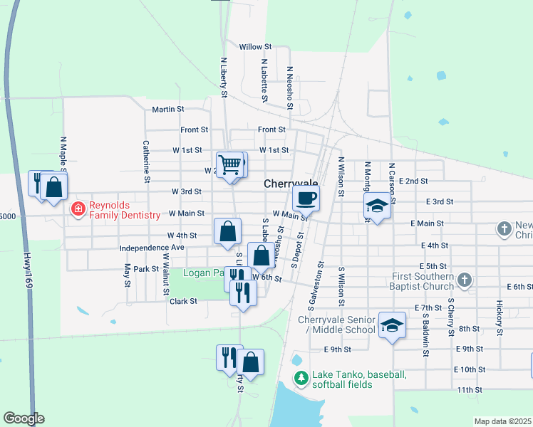 map of restaurants, bars, coffee shops, grocery stores, and more near 298 West Main Street in Cherryvale