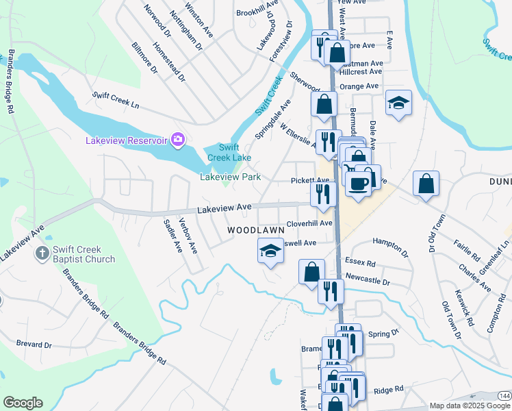 map of restaurants, bars, coffee shops, grocery stores, and more near 506 Lakeview Avenue in Colonial Heights