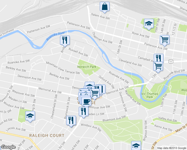 map of restaurants, bars, coffee shops, grocery stores, and more near 1932 Oxford Avenue Southwest in Roanoke