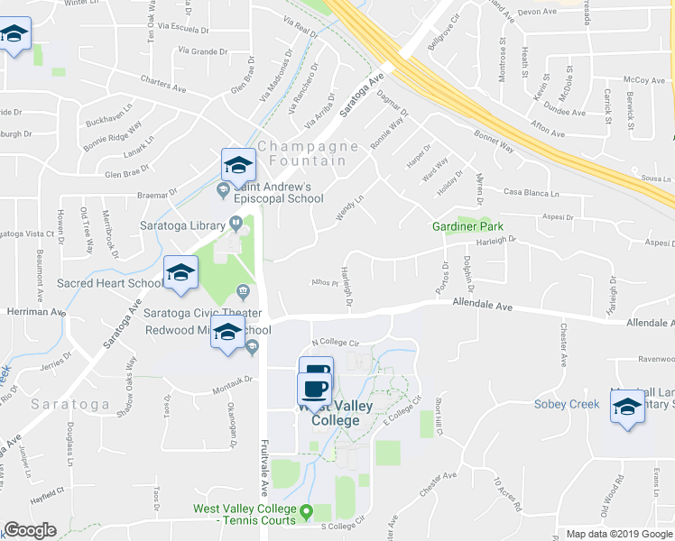 map of restaurants, bars, coffee shops, grocery stores, and more near 19301 Harleigh Drive in Saratoga