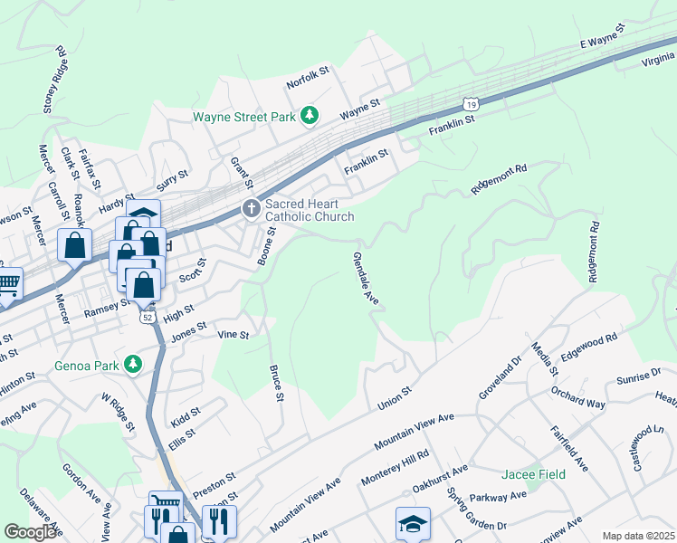 map of restaurants, bars, coffee shops, grocery stores, and more near 1000 Essex Street in Bluefield