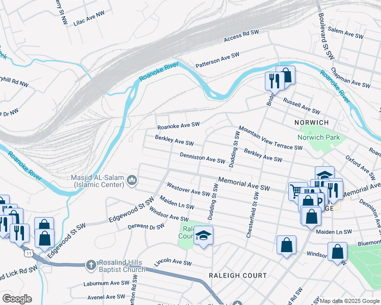 map of restaurants, bars, coffee shops, grocery stores, and more near 2421 Denniston Ave SW in Roanoke