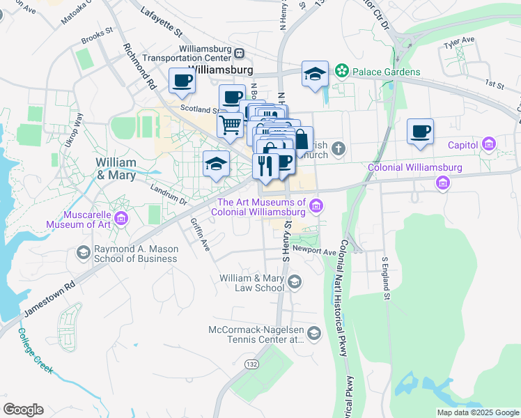map of restaurants, bars, coffee shops, grocery stores, and more near 119 Grigsby Drive in Williamsburg