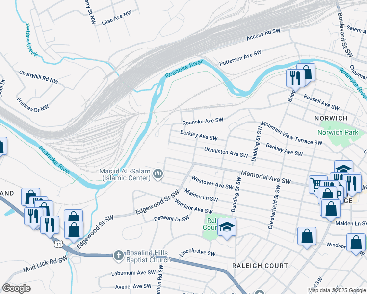 map of restaurants, bars, coffee shops, grocery stores, and more near 2522 Denniston Avenue Southwest in Roanoke