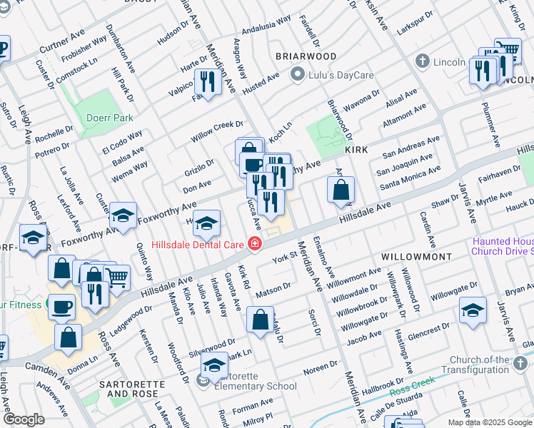 map of restaurants, bars, coffee shops, grocery stores, and more near 3129 Meridian Avenue in San Jose