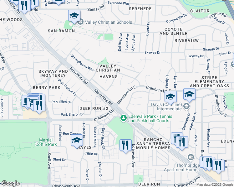 map of restaurants, bars, coffee shops, grocery stores, and more near 100 Branham Lane East in San Jose