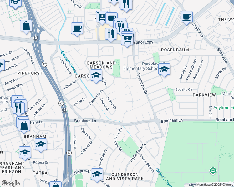 map of restaurants, bars, coffee shops, grocery stores, and more near 462 Meadow Dale Court in San Jose
