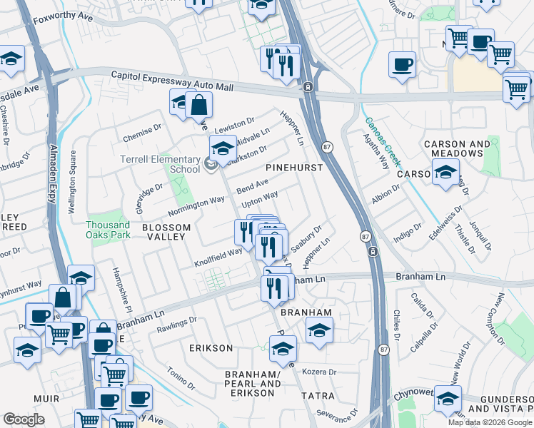 map of restaurants, bars, coffee shops, grocery stores, and more near 4138 Wessex Drive in San Jose