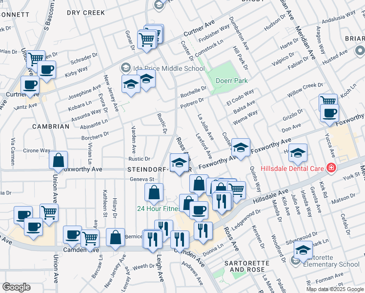 map of restaurants, bars, coffee shops, grocery stores, and more near 1831 Alta Mira Place in San Jose