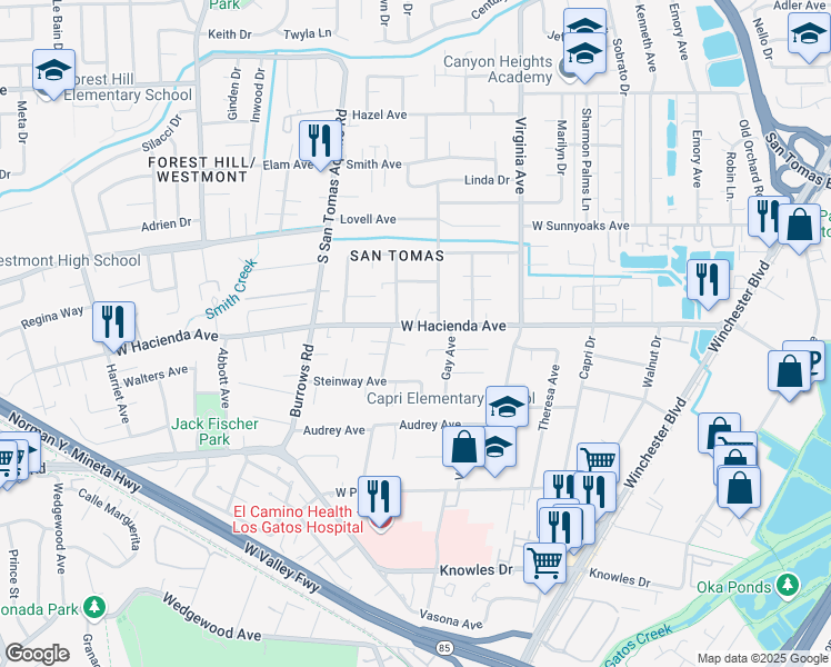 map of restaurants, bars, coffee shops, grocery stores, and more near 1030 West Hacienda Avenue in Campbell
