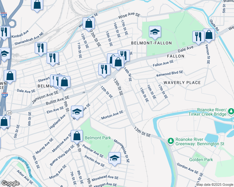 map of restaurants, bars, coffee shops, grocery stores, and more near 1212 Montrose Avenue Southeast in Roanoke