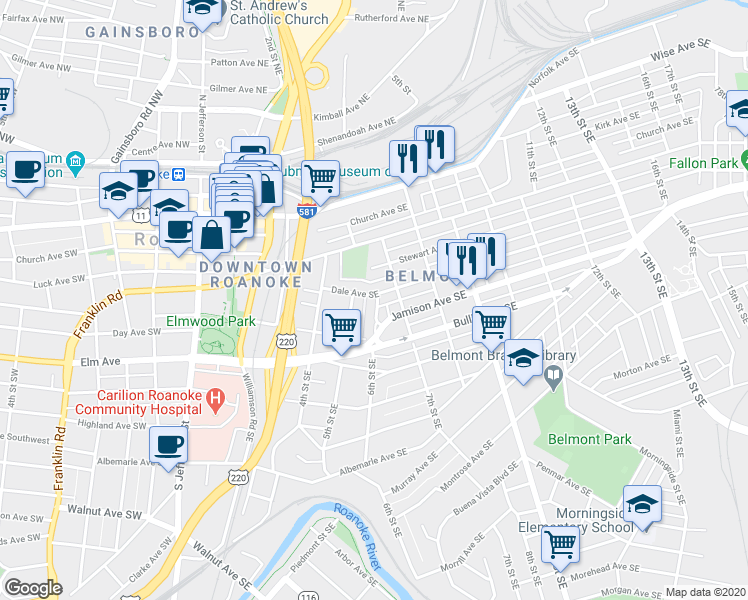map of restaurants, bars, coffee shops, grocery stores, and more near 501-549 Dale Avenue Southeast in Roanoke