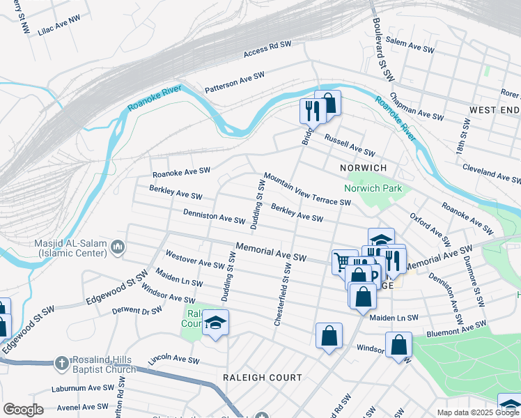 map of restaurants, bars, coffee shops, grocery stores, and more near 2312 Berkley Avenue Southwest in Roanoke