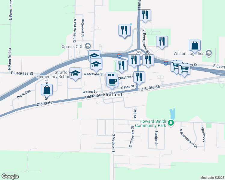 map of restaurants, bars, coffee shops, grocery stores, and more near in Strafford
