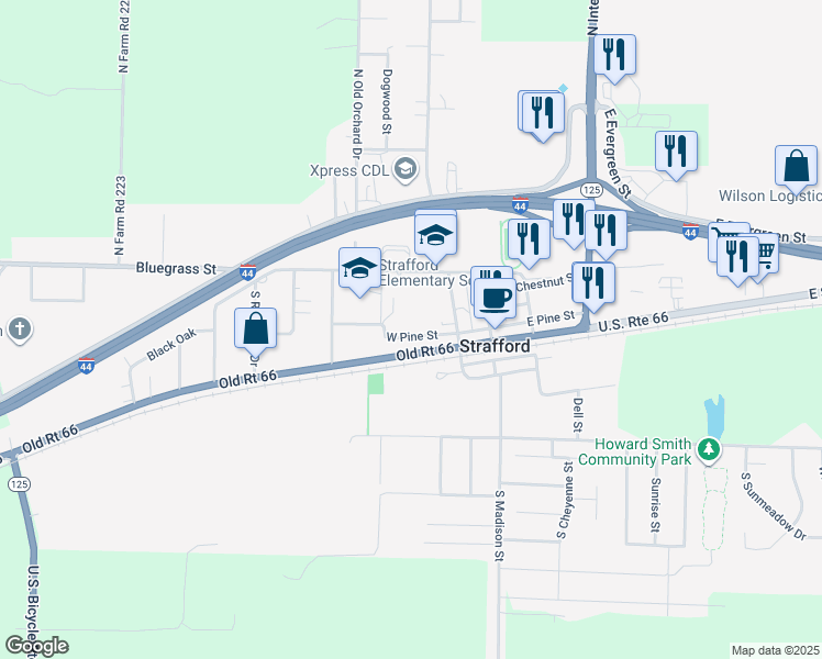 map of restaurants, bars, coffee shops, grocery stores, and more near 221 West Pine Street in Strafford