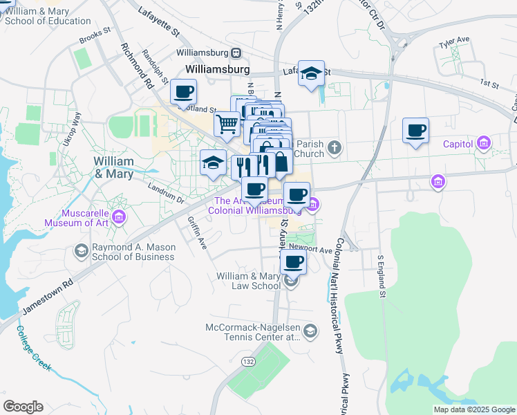 map of restaurants, bars, coffee shops, grocery stores, and more near 203 South Boundary Street in Williamsburg