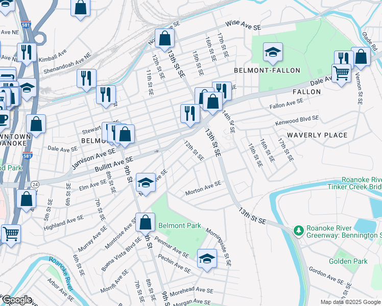 map of restaurants, bars, coffee shops, grocery stores, and more near 1159 Murray Ave SE in Roanoke