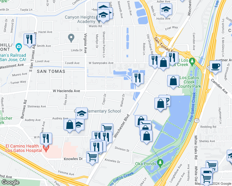 map of restaurants, bars, coffee shops, grocery stores, and more near 586 West Hacienda Avenue in Campbell