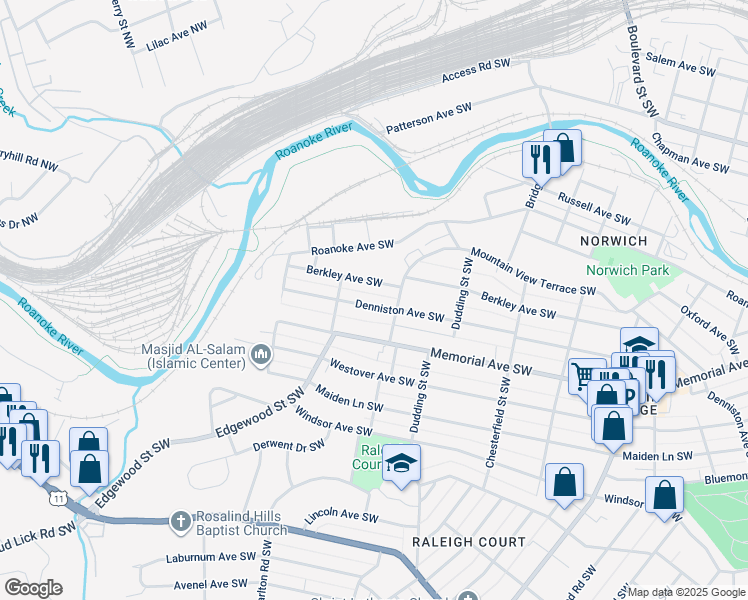 map of restaurants, bars, coffee shops, grocery stores, and more near 2421 Denniston Ave SW in Roanoke