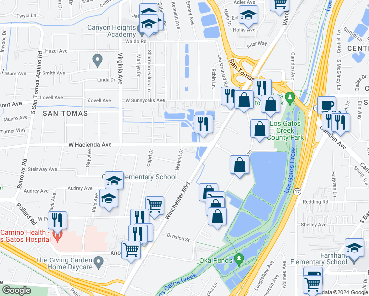 map of restaurants, bars, coffee shops, grocery stores, and more near 492 West Hacienda Avenue in Campbell