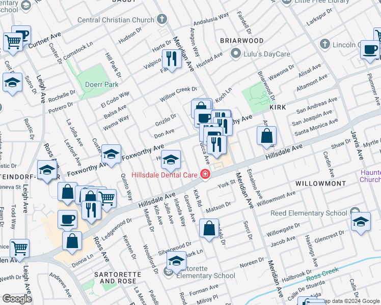 map of restaurants, bars, coffee shops, grocery stores, and more near 3087 Franela Drive in San Jose