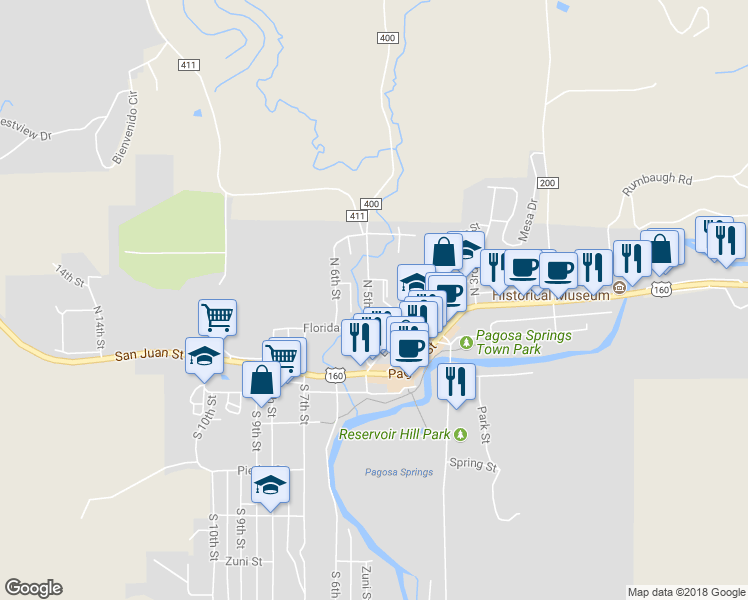 map of restaurants, bars, coffee shops, grocery stores, and more near 274 North 5th Street in Pagosa Springs