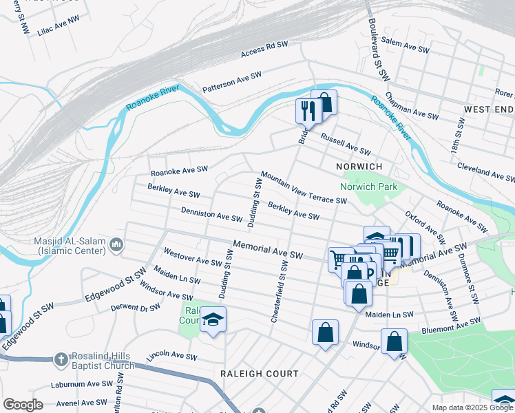 map of restaurants, bars, coffee shops, grocery stores, and more near 2312 Berkley Avenue Southwest in Roanoke