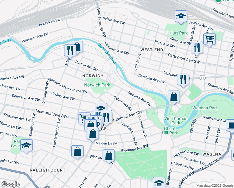 map of restaurants, bars, coffee shops, grocery stores, and more near 817 James Street Southwest in Roanoke