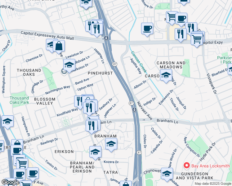 map of restaurants, bars, coffee shops, grocery stores, and more near 4378 Heppner Lane in San Jose